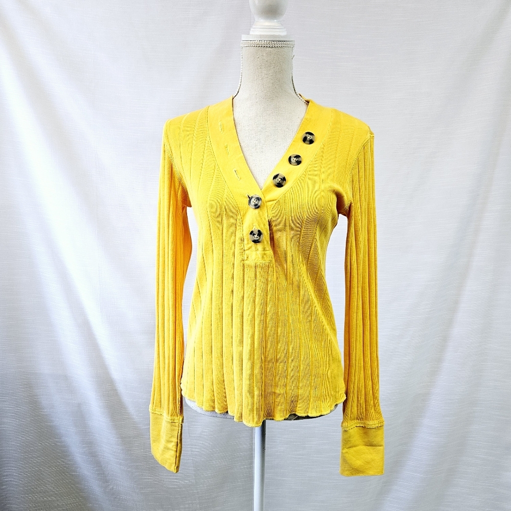 Free People Beach Yellow Ribbed Long Sleeve Henley size Medium